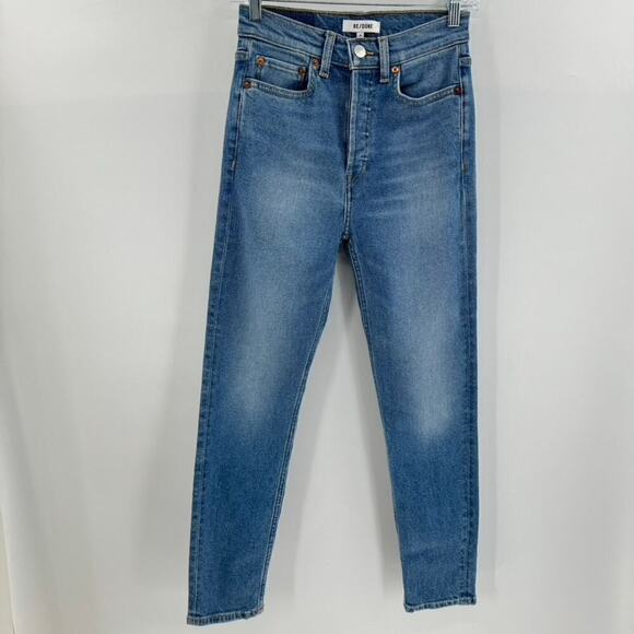 RE/DONE 90s High Rise Ankle Crop Jeans Sz 25 Button Fly Aged Indigp Blue - Picture 2 of 10